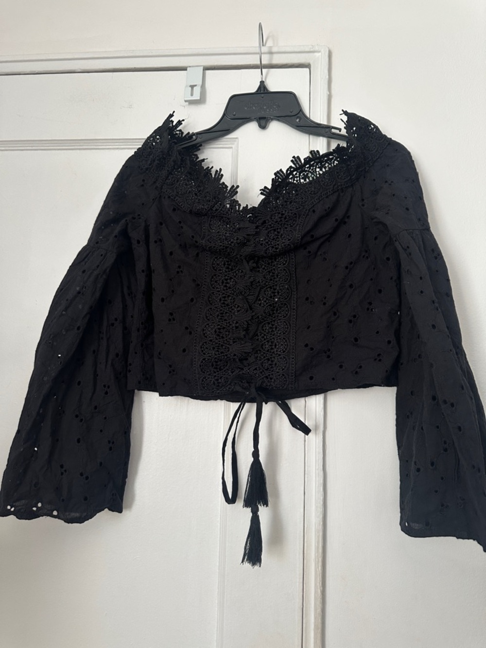 Surf Gypsy Black Lace-Trim Tie-Front Eyelet Crop Top